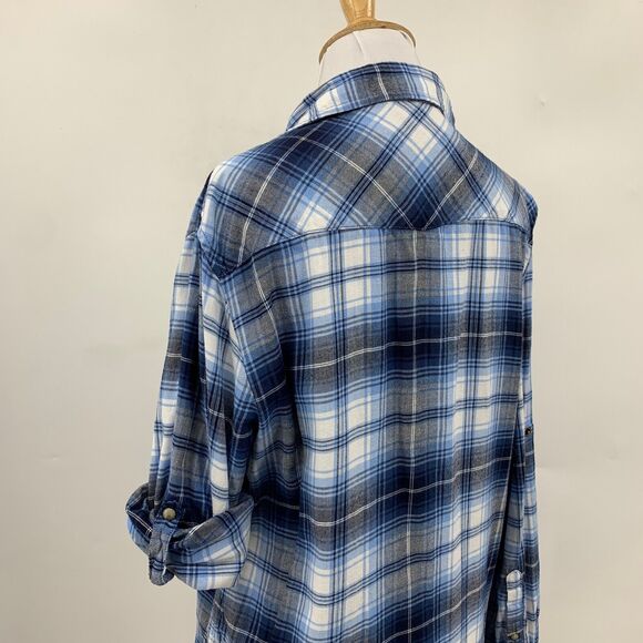 Jachs Girlfriend Shirt Womens M Medium Flannel Blue White Pearl Snap Button Up - Picture 8 of 13